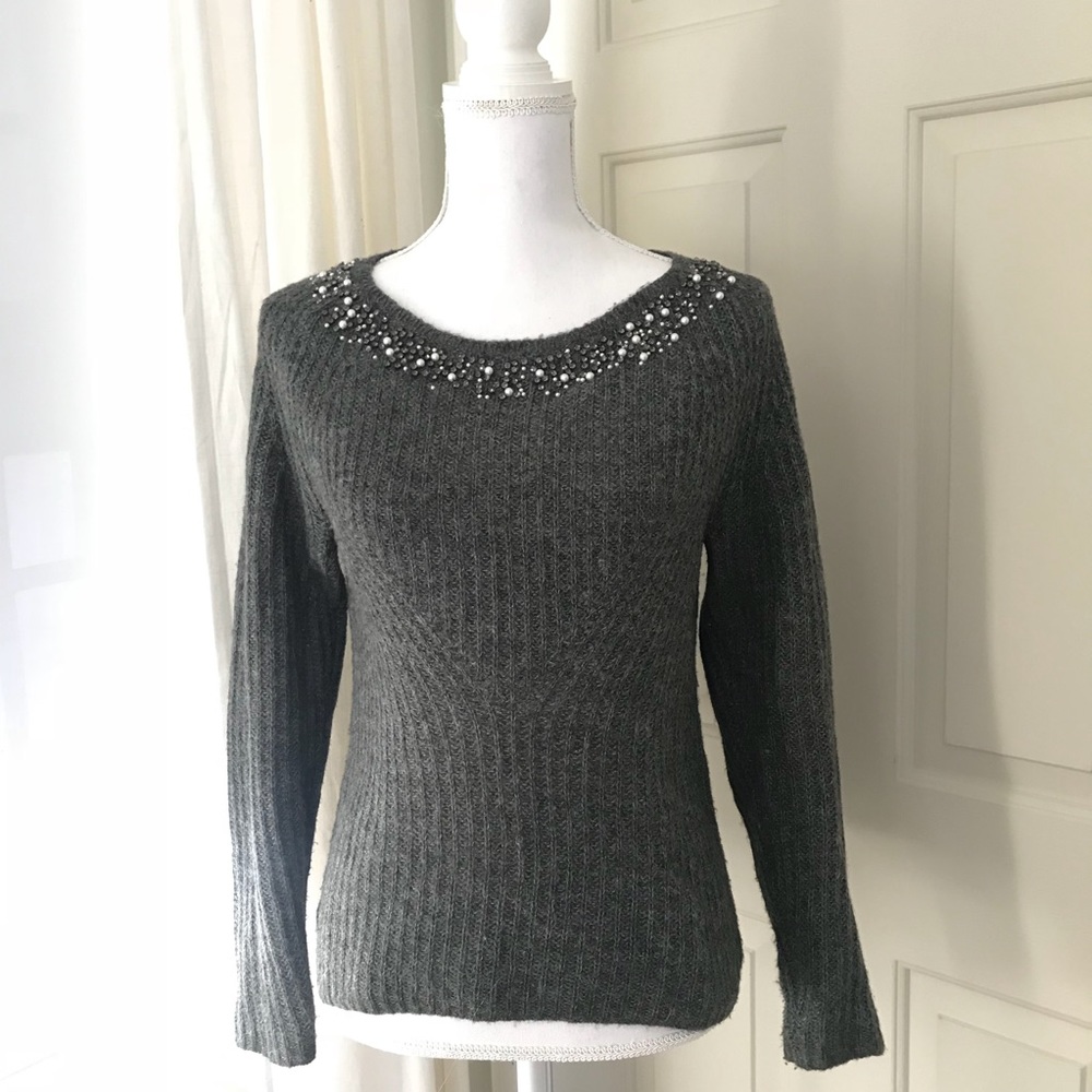 {Ann Taylor} Jeweled Neckline Grey Alpaca Sweater